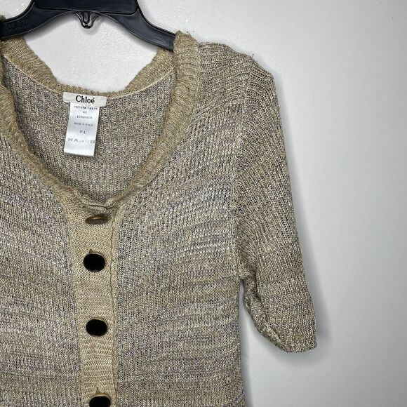 CHLOE Sweater Dress Womens TL Beige Pullover Button-Front Linen Silk Knit - Picture 2 of 6